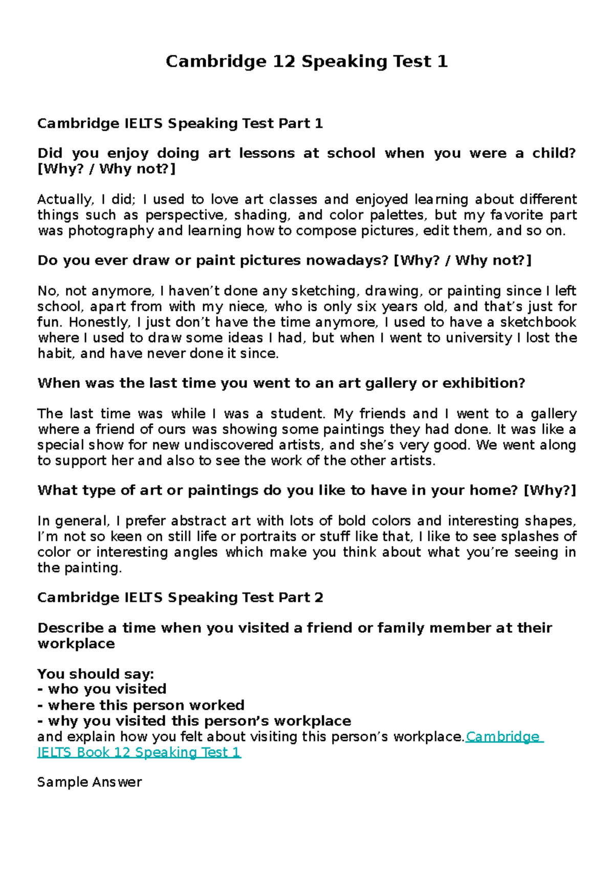 Cambridge 12 Speaking Test 1: Art, Workplaces, and Life