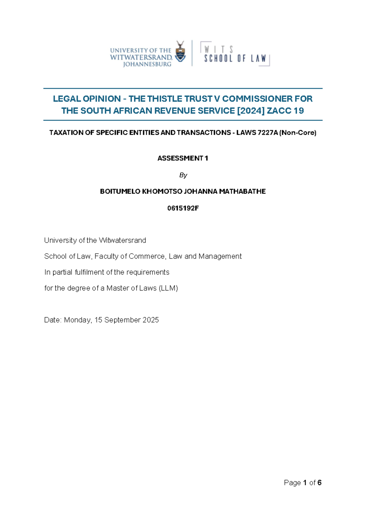 Legal Opinion: The Thistle Trust v CSARS ZACC 19 - Assessment 1 ...