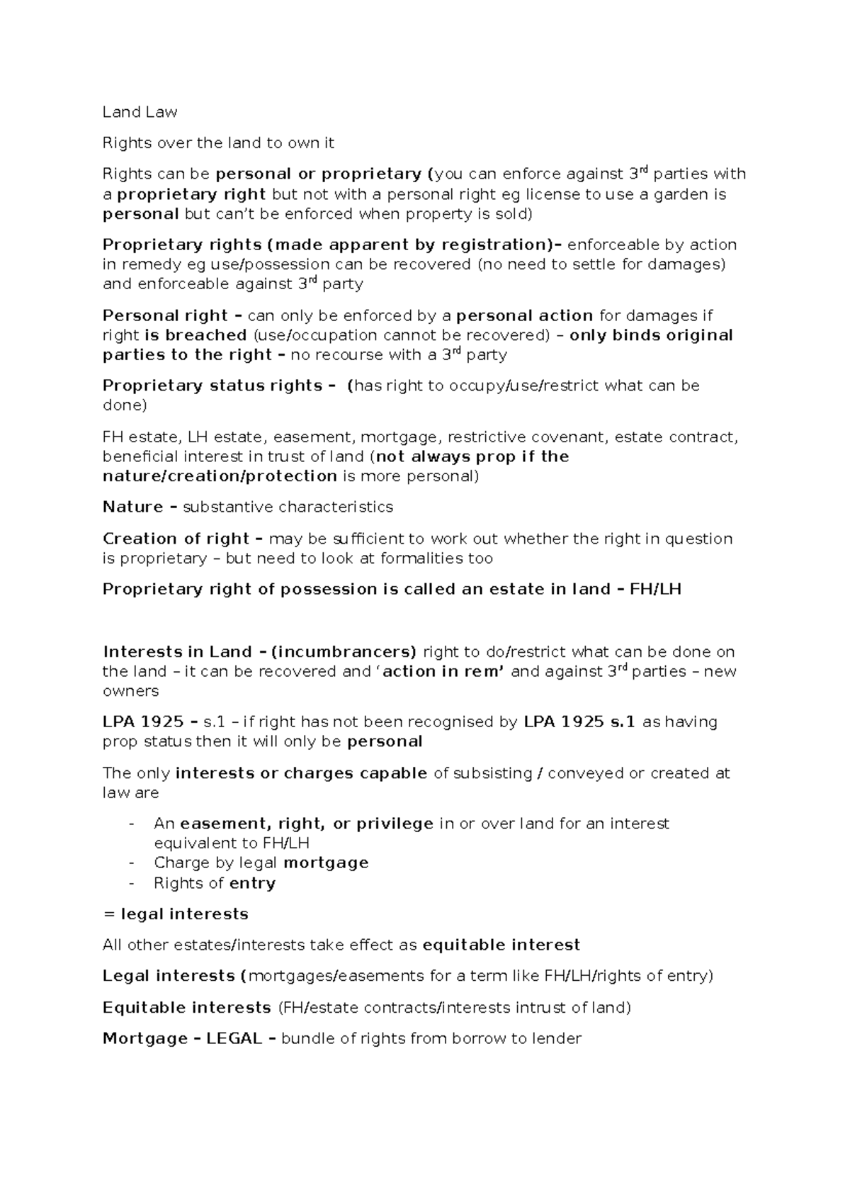Land Law SQE: Understanding Proprietary and Personal Rights - Studocu