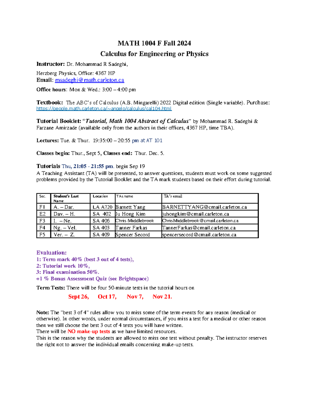 MATH 1004 F Fall 2024 Course Outline: Calculus for Engineering - Studocu
