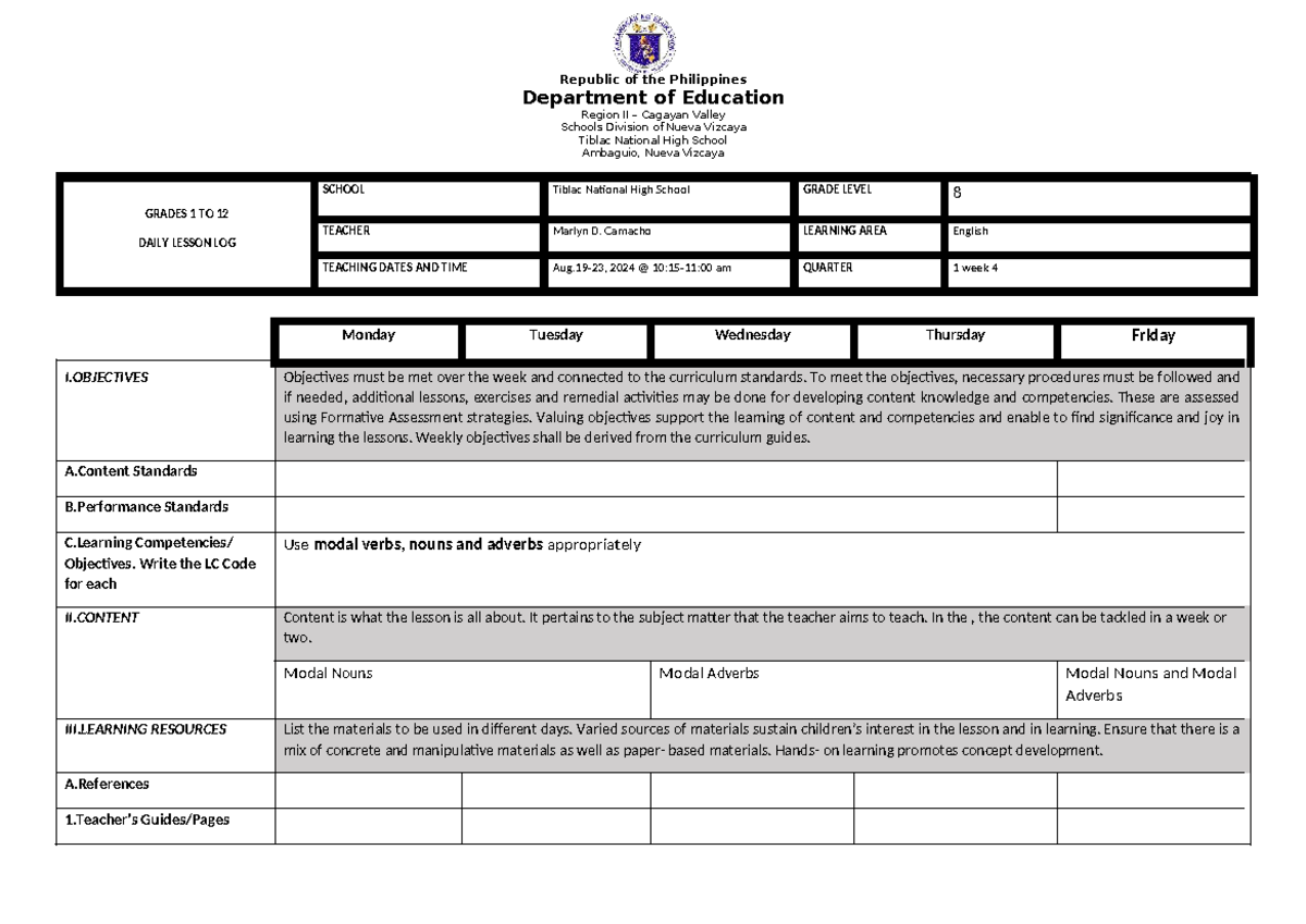 English 8 Q1 Daily Lesson Log - Modal Nouns & Adverbs - Studocu