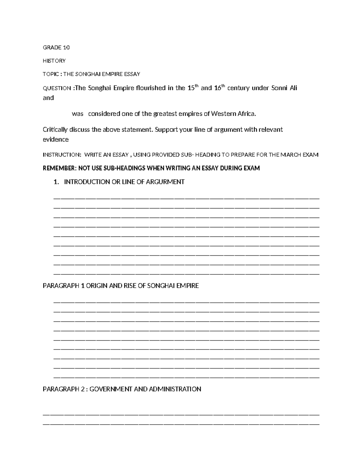 Grade 10 History Essay: The Songhai Empire's Rise and Fall - Studocu