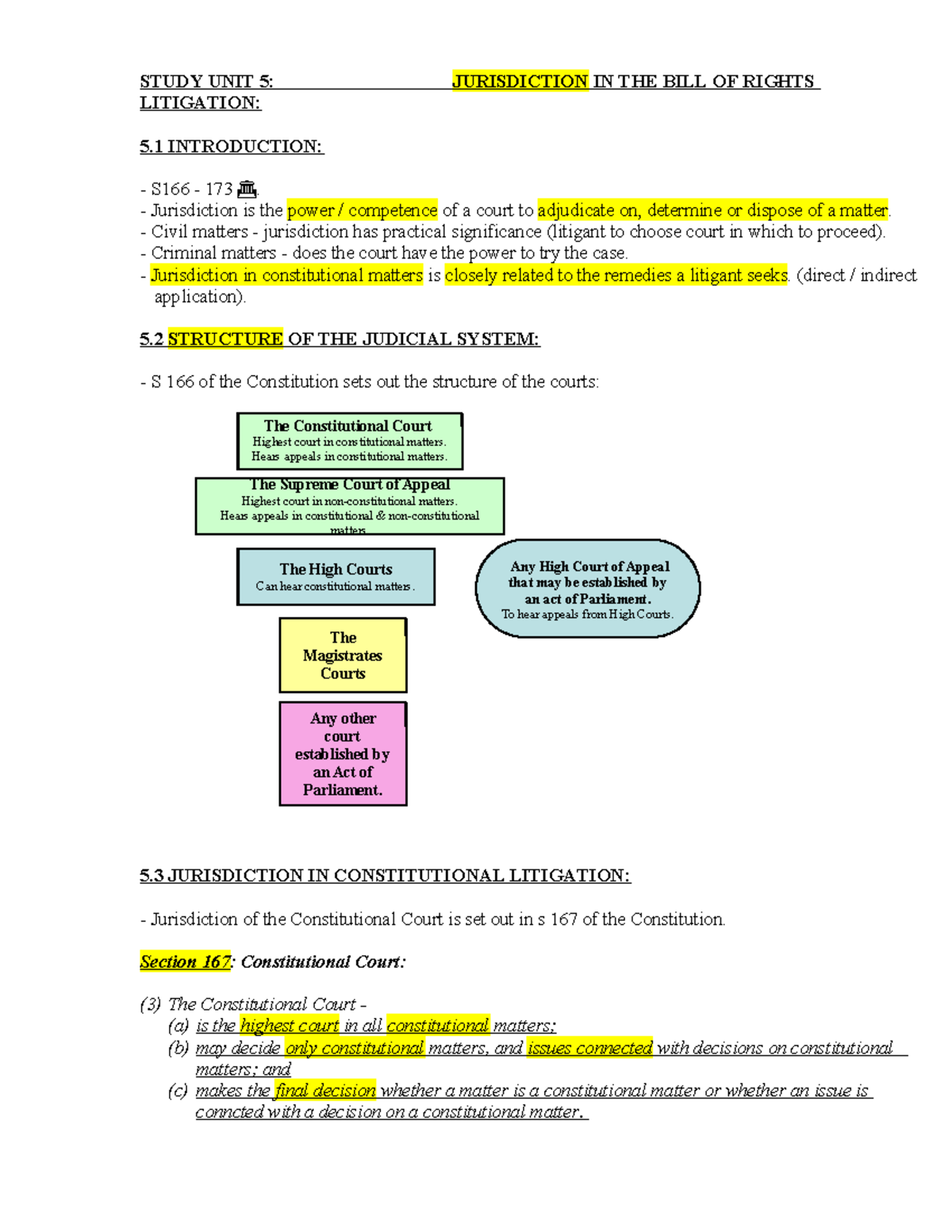 FUR2601: Jurisdiction in the Bill of Rights - Study Unit 5 Notes - Studocu