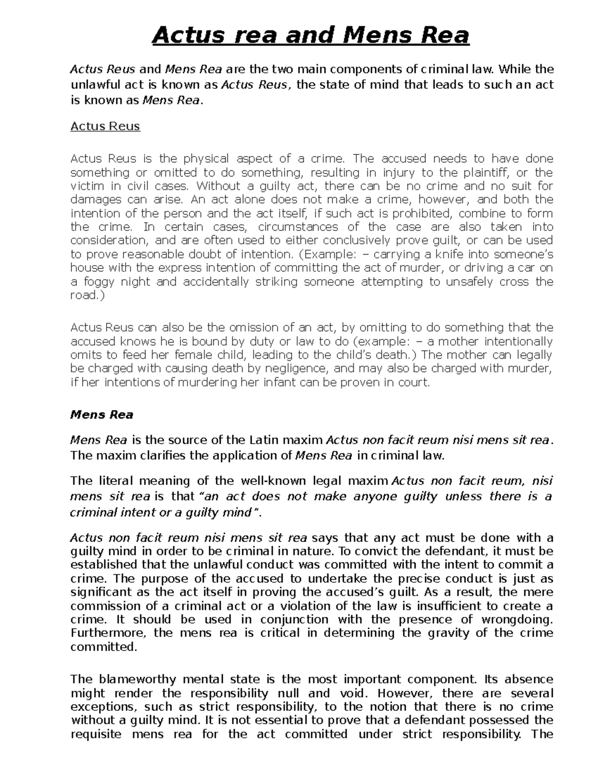 Actus Reus and Mens Rea Concepts - LLB Final Exam Notes - Studocu