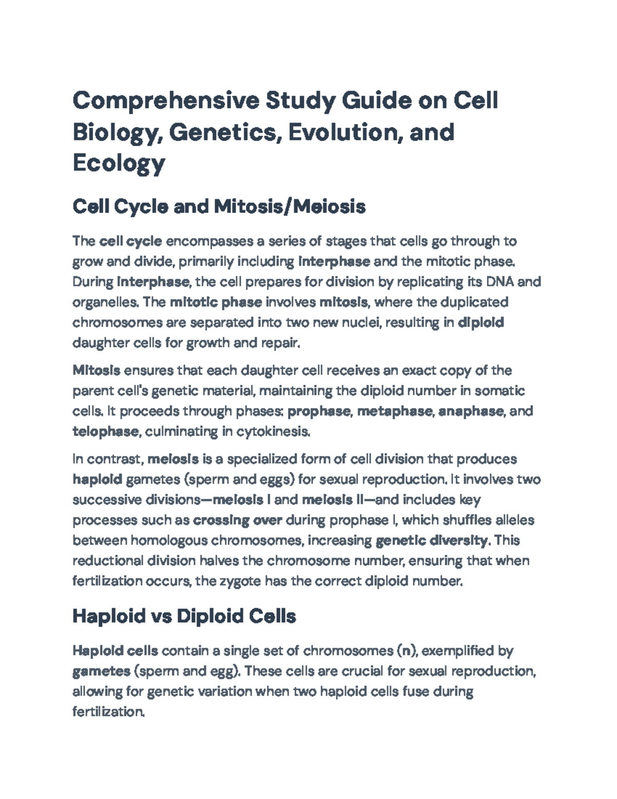 Comprehensive Study Guide: Cell Biology, Genetics, Evolution & Ecology ...