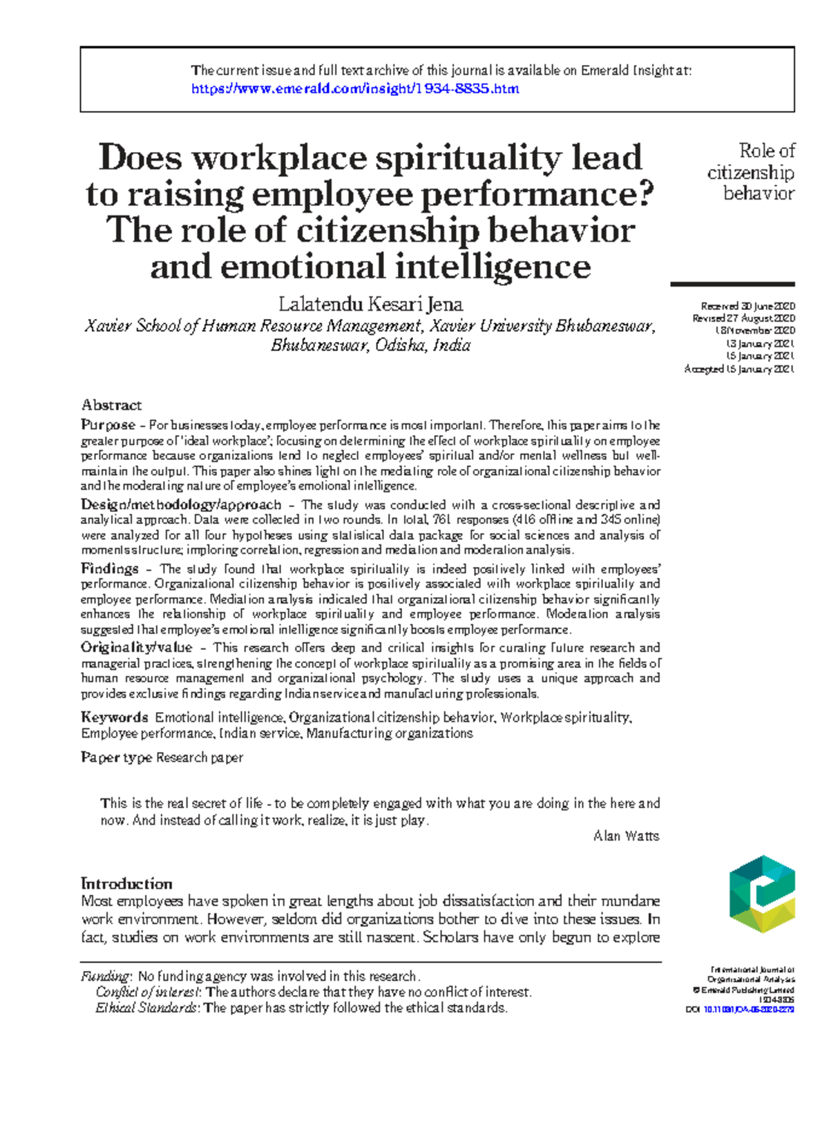 IJOA: The Impact of Workplace Spirituality on Employee Performance ...