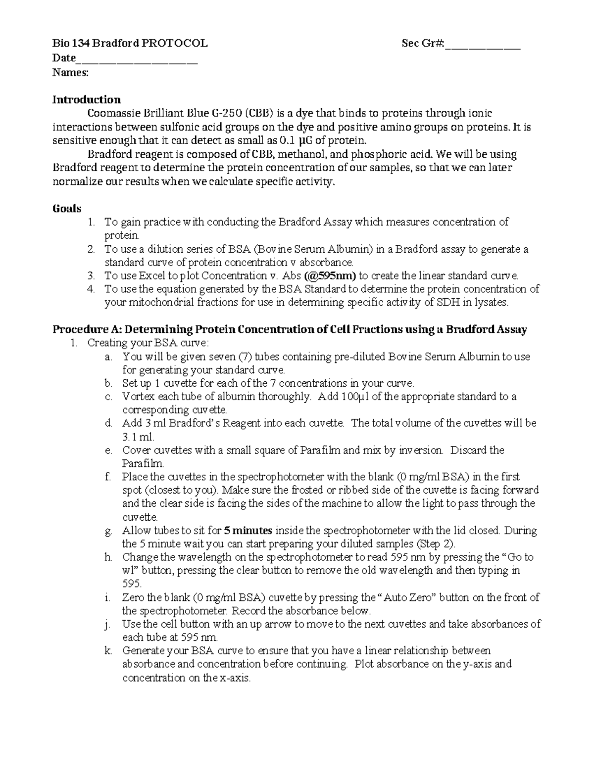 Bio 134 Bradford Assay Protocol for Protein Concentration Analysis ...