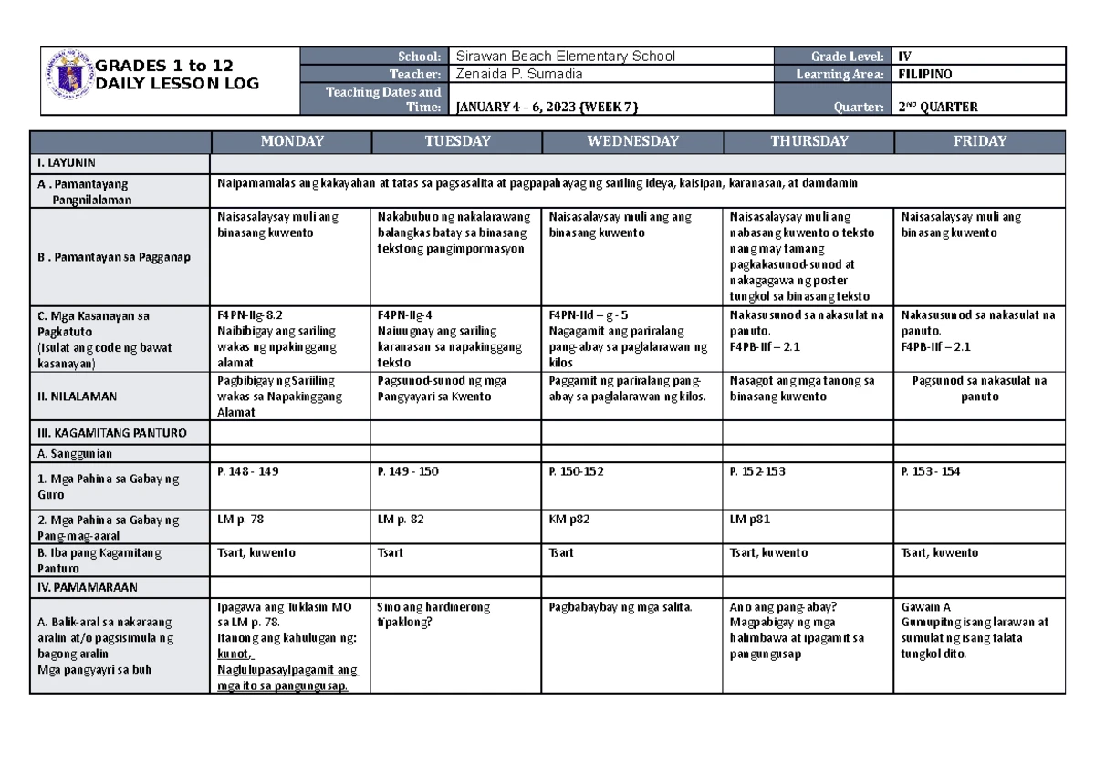 DLL ESP 4 Q2 W5 - DAILY LESSON PLAN - GRADES 1 to 12 DAILY LESSON LOG ...