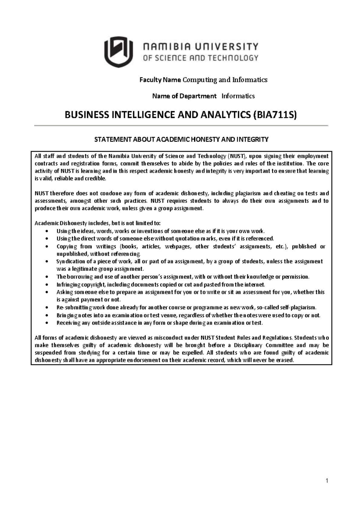 BIA711S Business Intelligence & Analytics Course Outline - Studocu