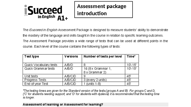 I Succeed in English A1P Assessment Package Overview - Studocu