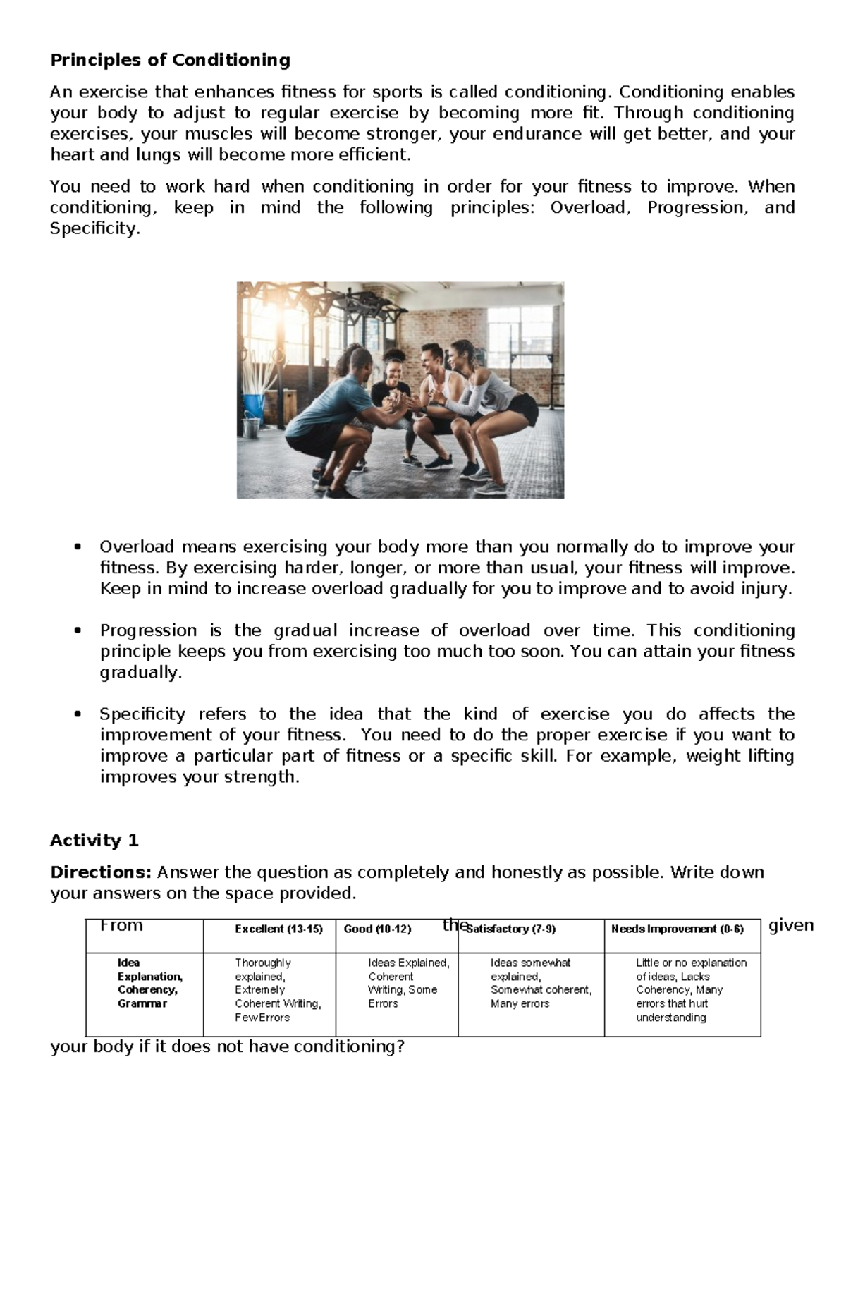 Principles of Conditioning - Conditioning enables your body to adjust ...