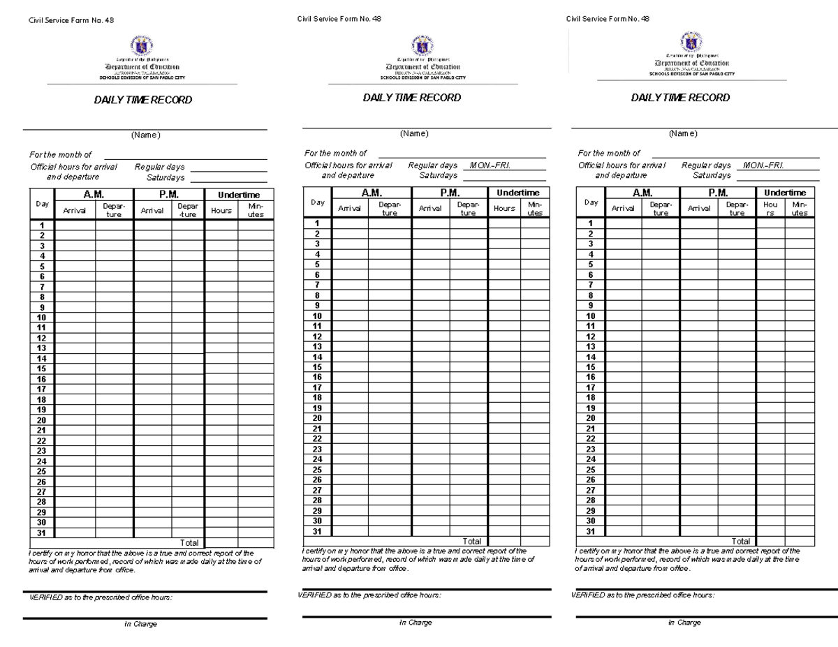DTR Dep Ed - Daily Time Record for Civil Service Form No. 48 - Studocu