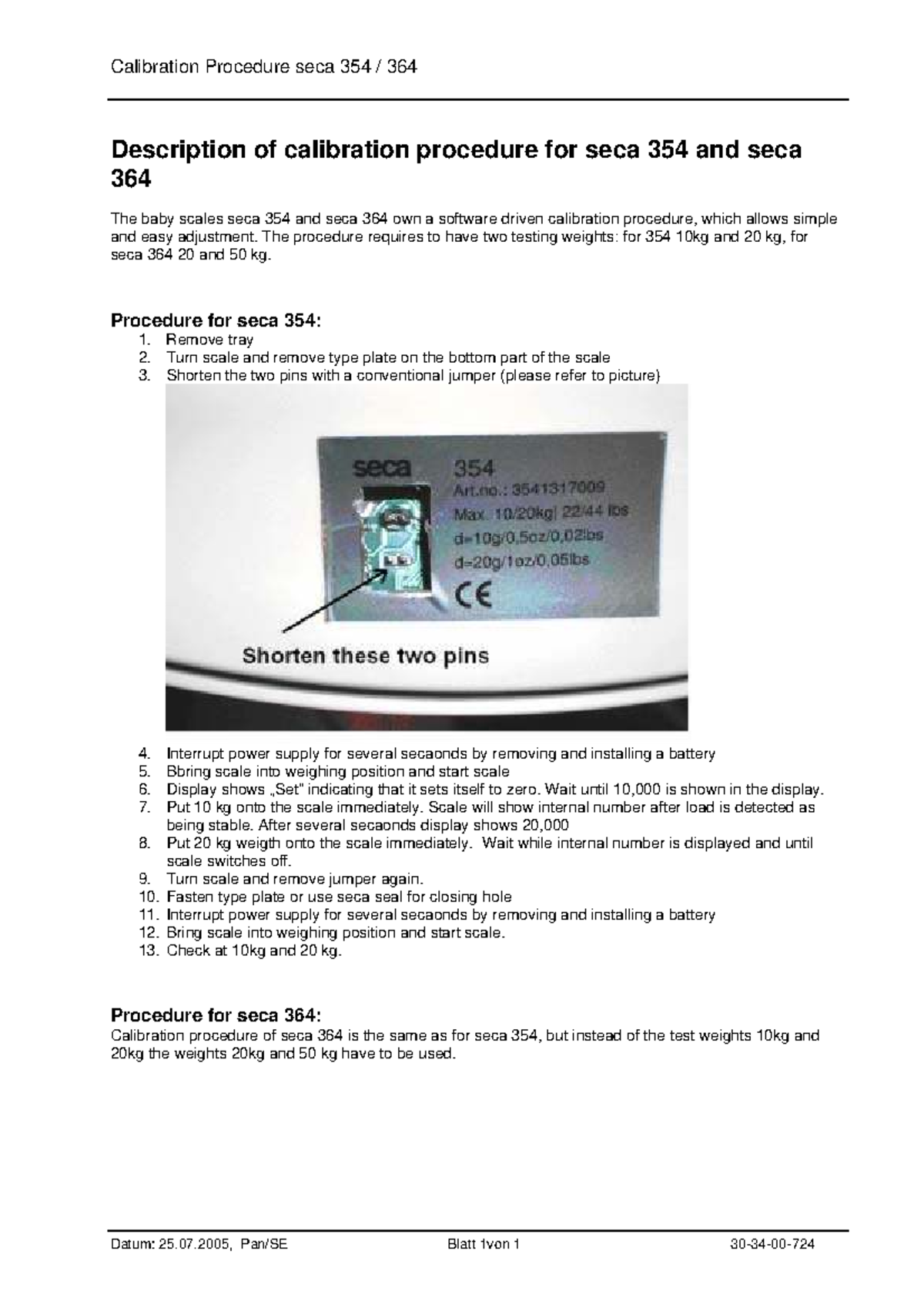 Calibration Procedure for Seca 354 &amp; 364 Service Manual - Studocu