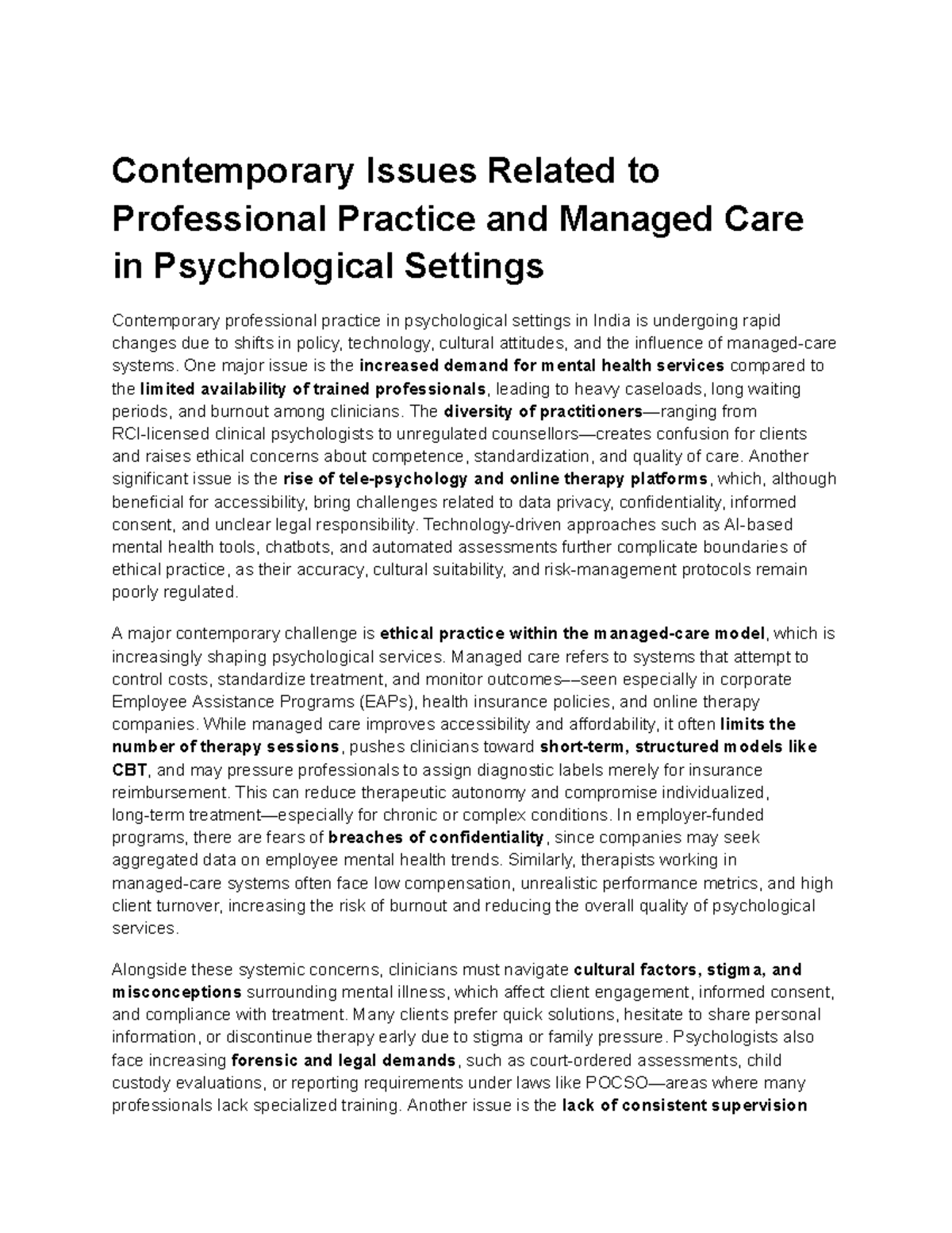 Contemporary Issues in Professional Practice & Managed Care in ...