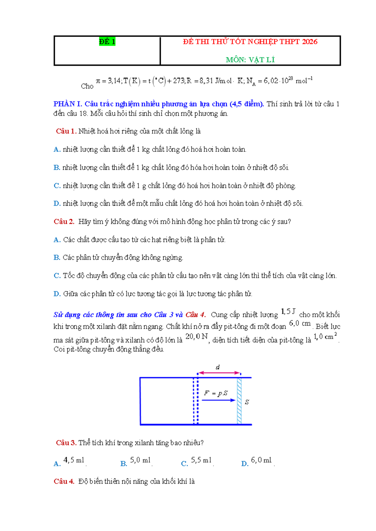 ĐỀ 1 THI THỬ TỐT NGHIỆP THPT 2026 MÔN VẬT LÍ - Câu Trắc Nghiệm - Document Preview