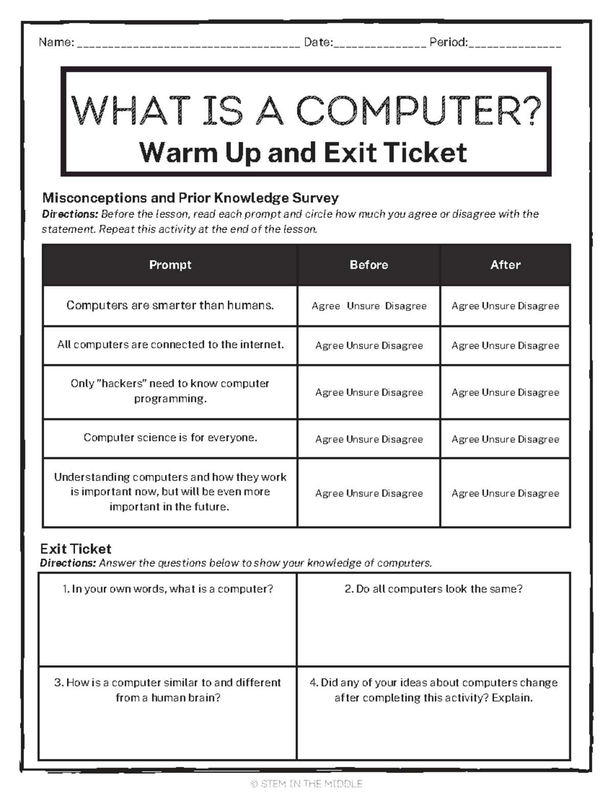 STEM in the Middle: Understanding Computers - Warm Up & Exit Ticket ...