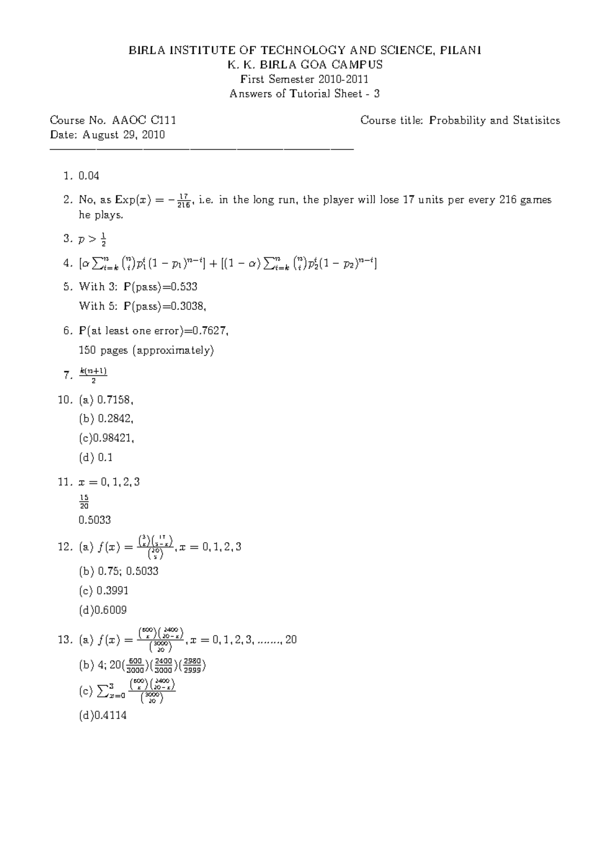 AAOC C111 Final Exam Answers for Tutorial Sheet 3 - Studocu