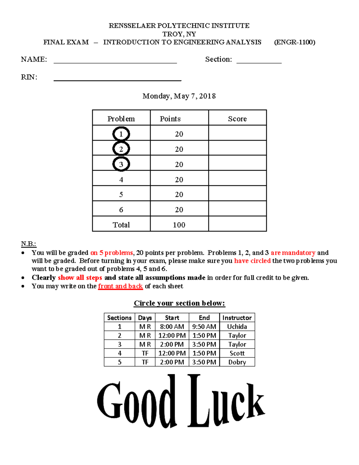 Spring 2018 Final EXAM Back exams RENSSELAER POLYTECHNIC INSTITUTE