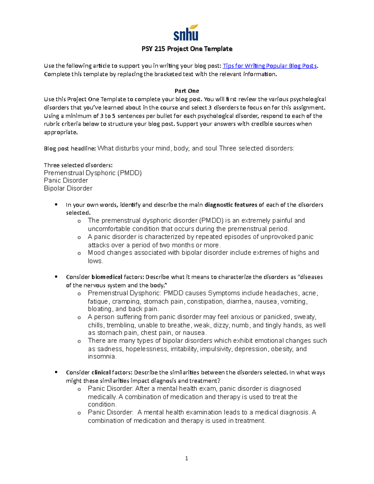 PSY 215 Project One: Exploring Psychological Disorders and Treatment ...