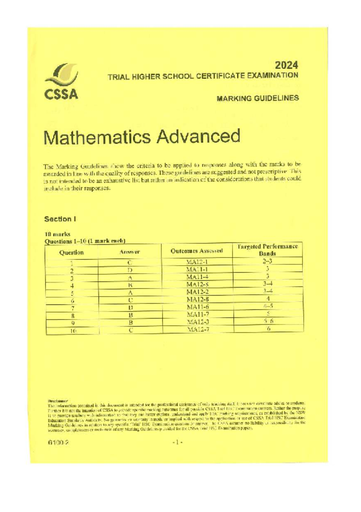 CSSA 2U 2024 Trial HSC Mathematics Marking Guidelines - Studocu