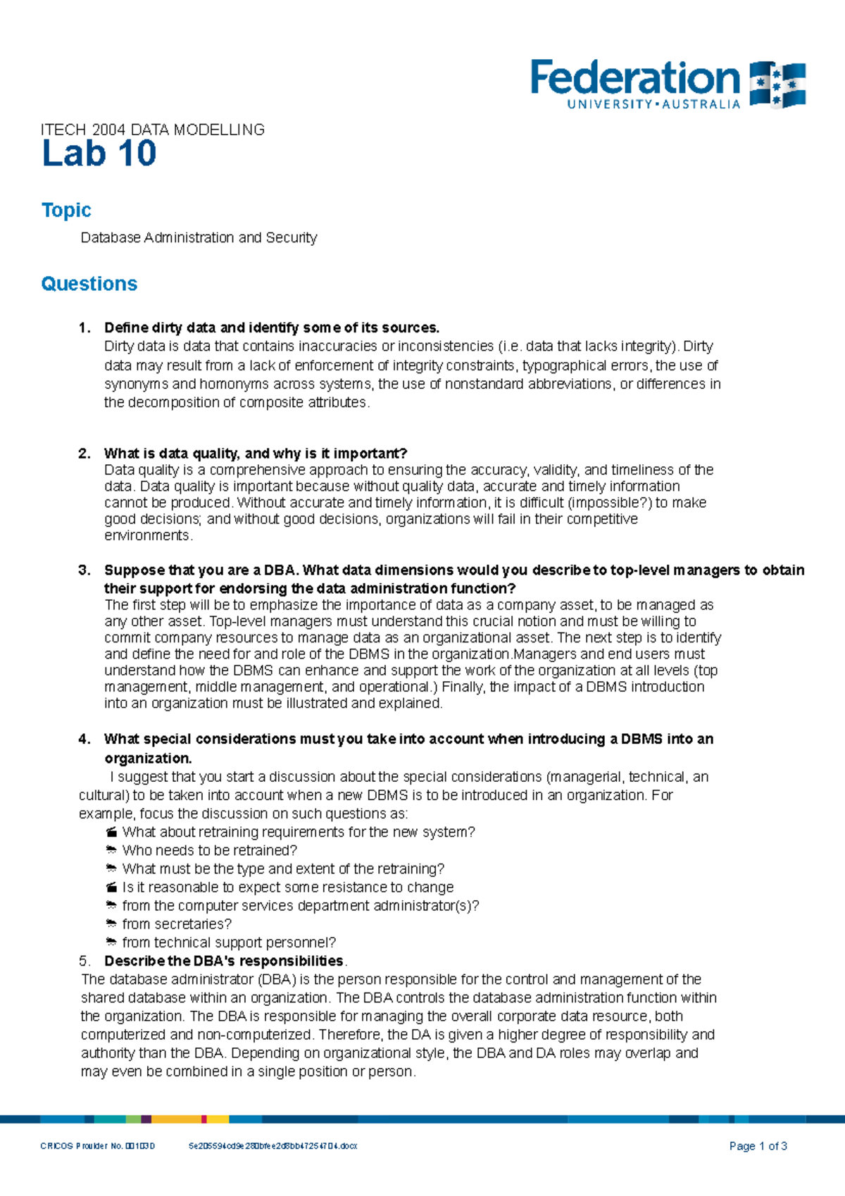 Itech 2004 10 lab - lab work - ITECH 2004 DATA MODELLING Lab 10 Topic ...