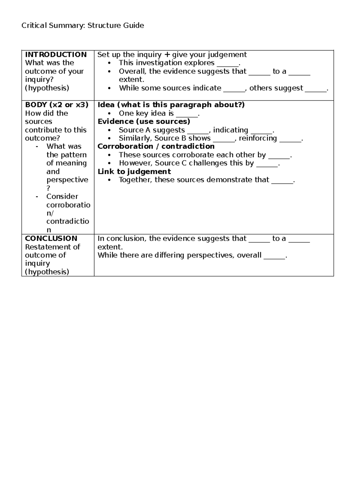 Critical Summary Structure Guide: Analyzing Evidence and Perspectives ...