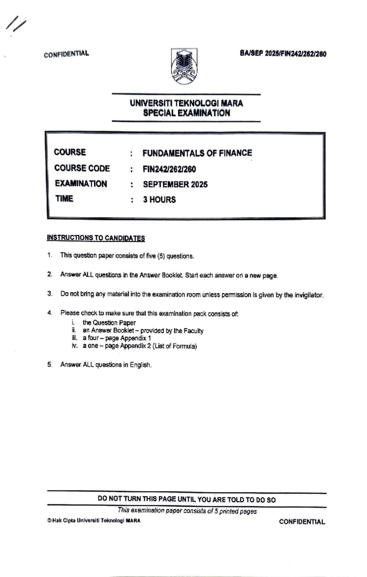 FIN242 Special Exam: Fundamentals of Finance - September 2025 - Studocu