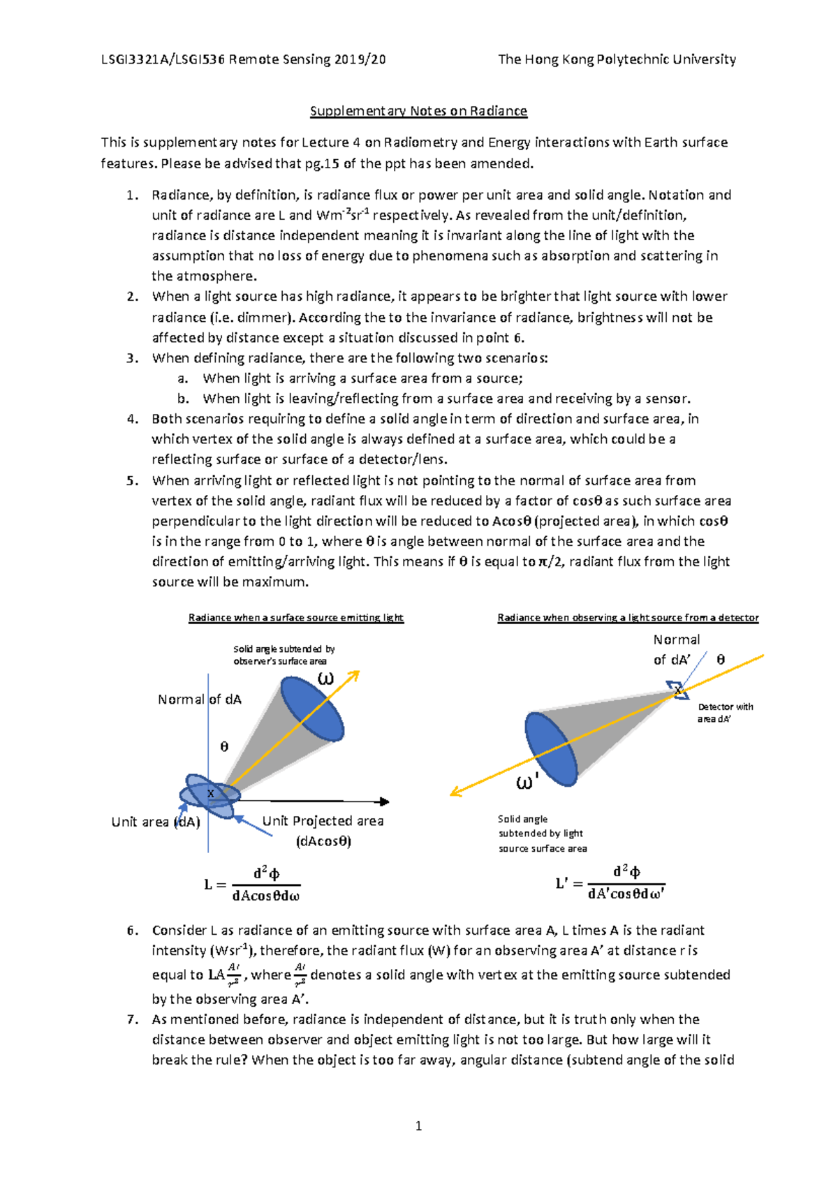 Supplementary Lecture Notes on Radiance for LSGI3321A & LSGI536 - Studocu