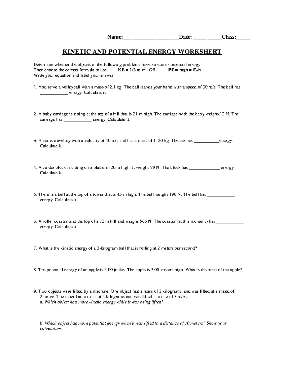 KINETIC AND POTENTIAL ENERGY WORKSHEET (KEPE) - Studocu