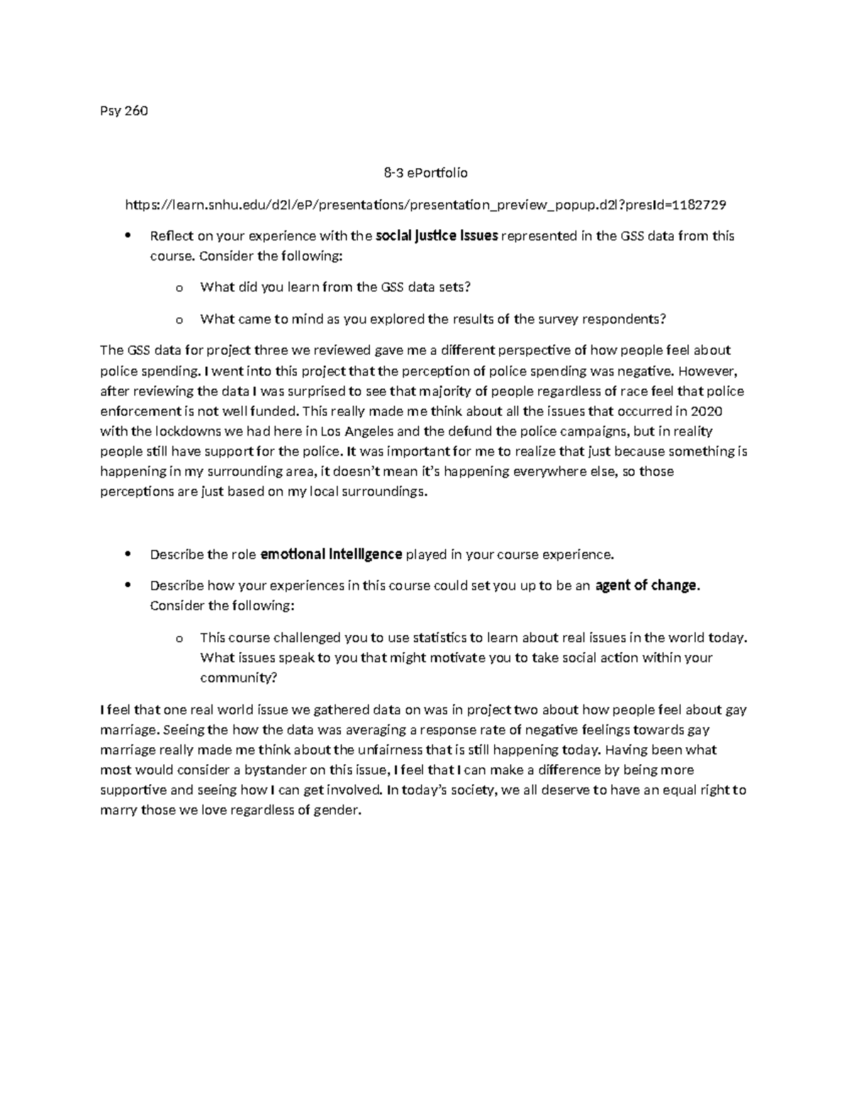 Psy 260 Final Reflection on Social Justice & GSS Data Insights - Studocu