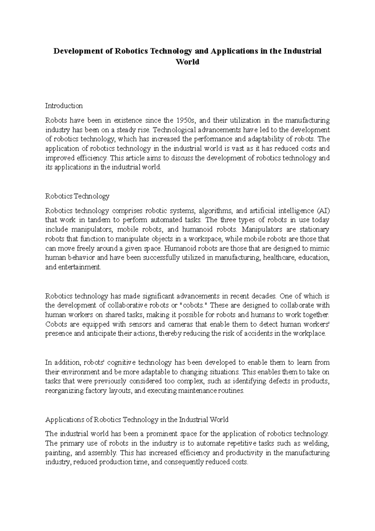 Development of Robotics Tech & Its Industrial Applications - Studocu