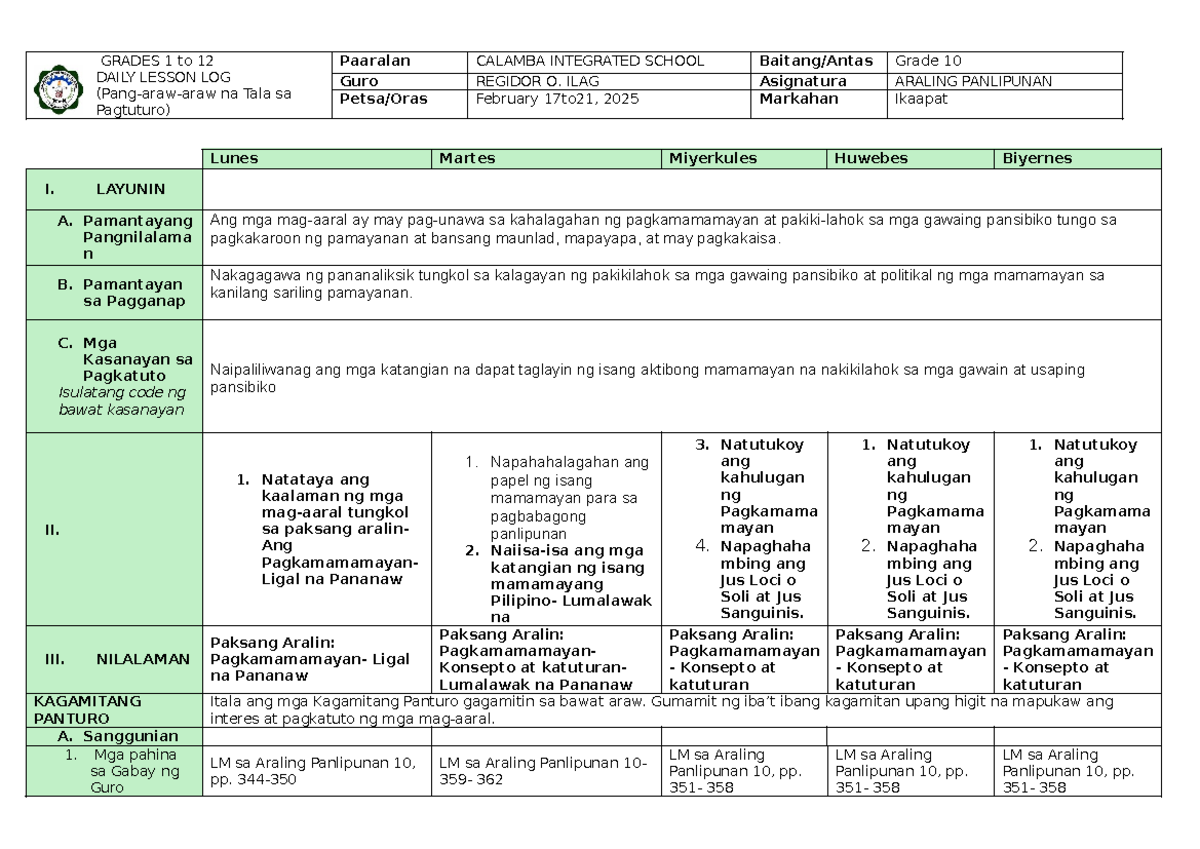 DLL.ILAG.2.24 - DLL - GRADES 1 to 12 DAILY LESSON LOG (Pang-araw-araw ...