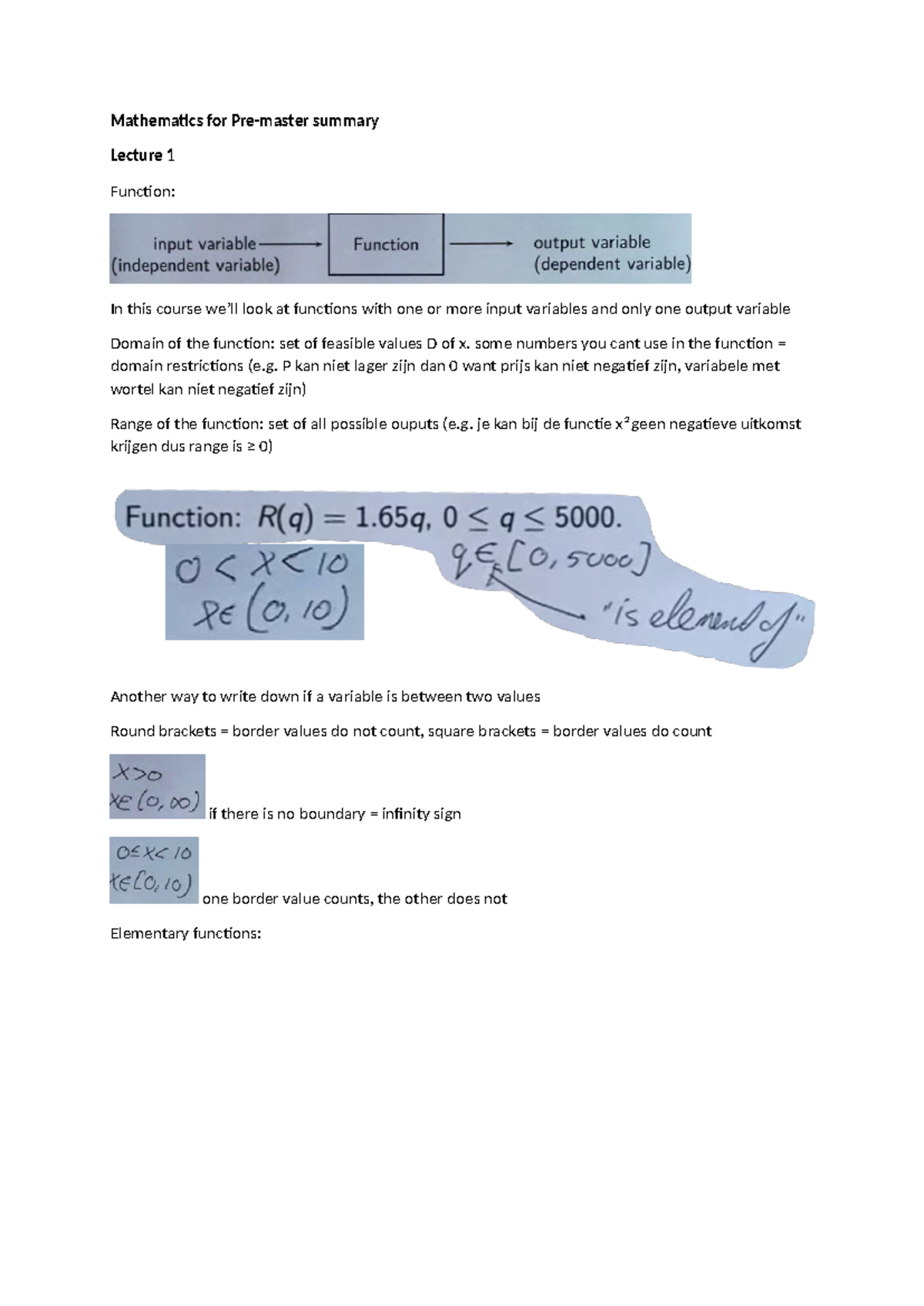 Mathematics for Pre-Master: Lecture Summary and Function Overview ...