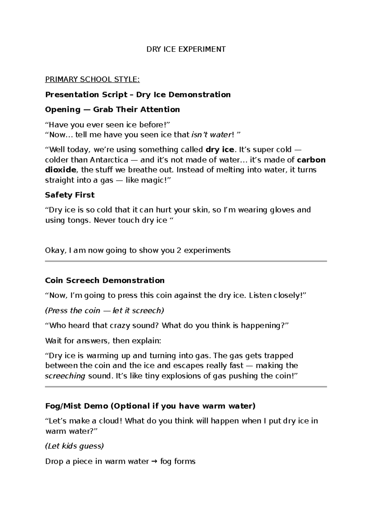 DRY ICE Experiment Presentation Script: Engaging Students - Studocu