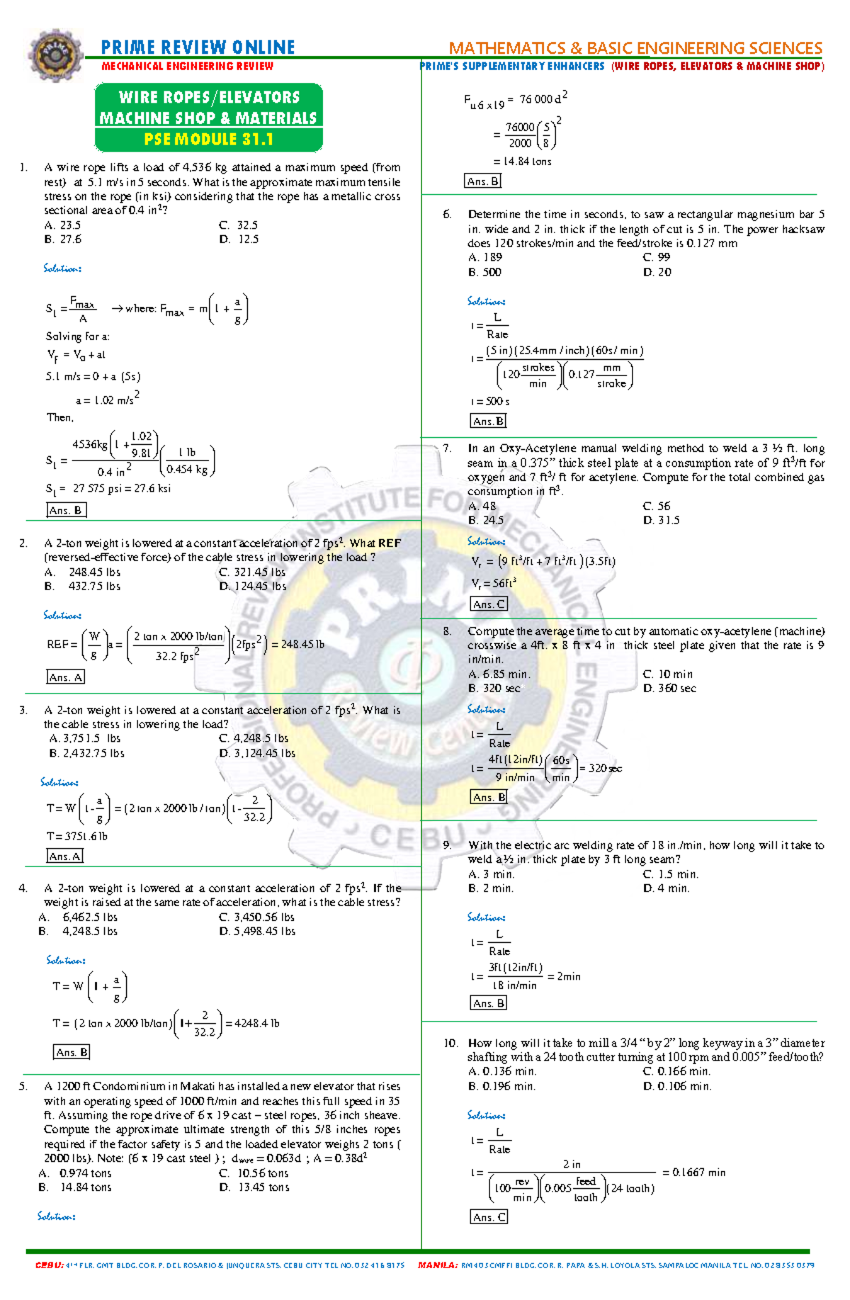PSE Module 30 Mechanical Engineering Review: Wire Ropes, Elevators ...