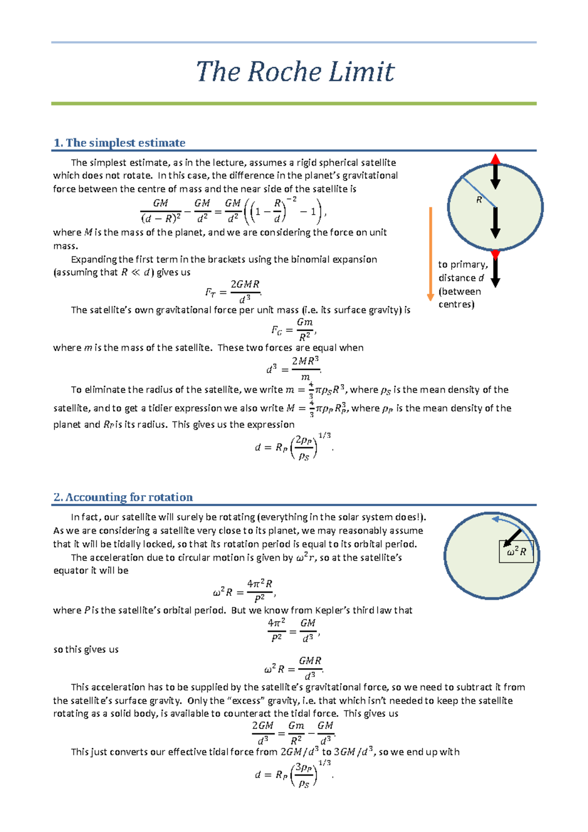 The Roche Limit Explained - PHY106 Lecture Notes on Satellites - Studocu