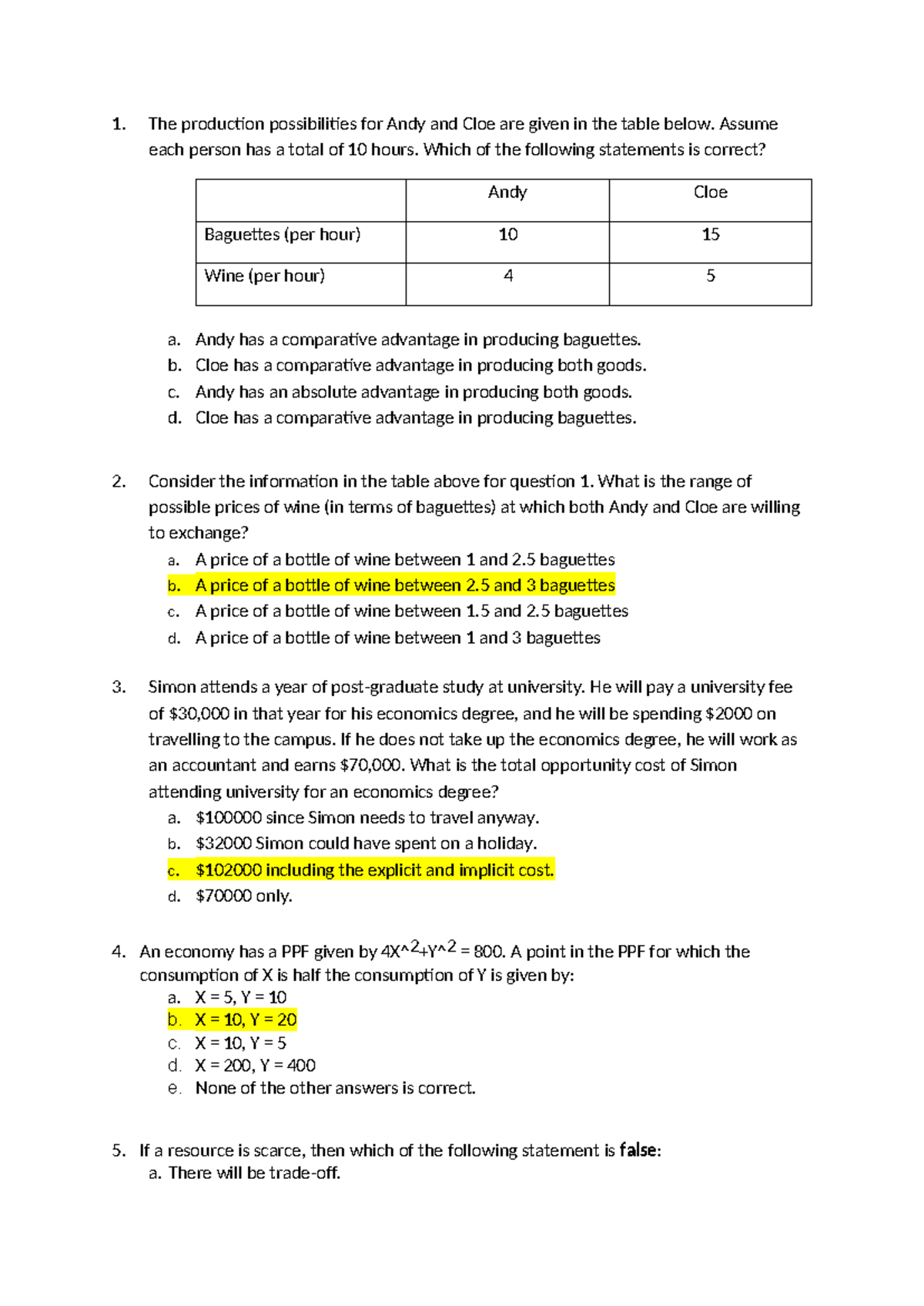 Topic 1 Questions - Economics PPF & Comparative Advantage Analysis ...
