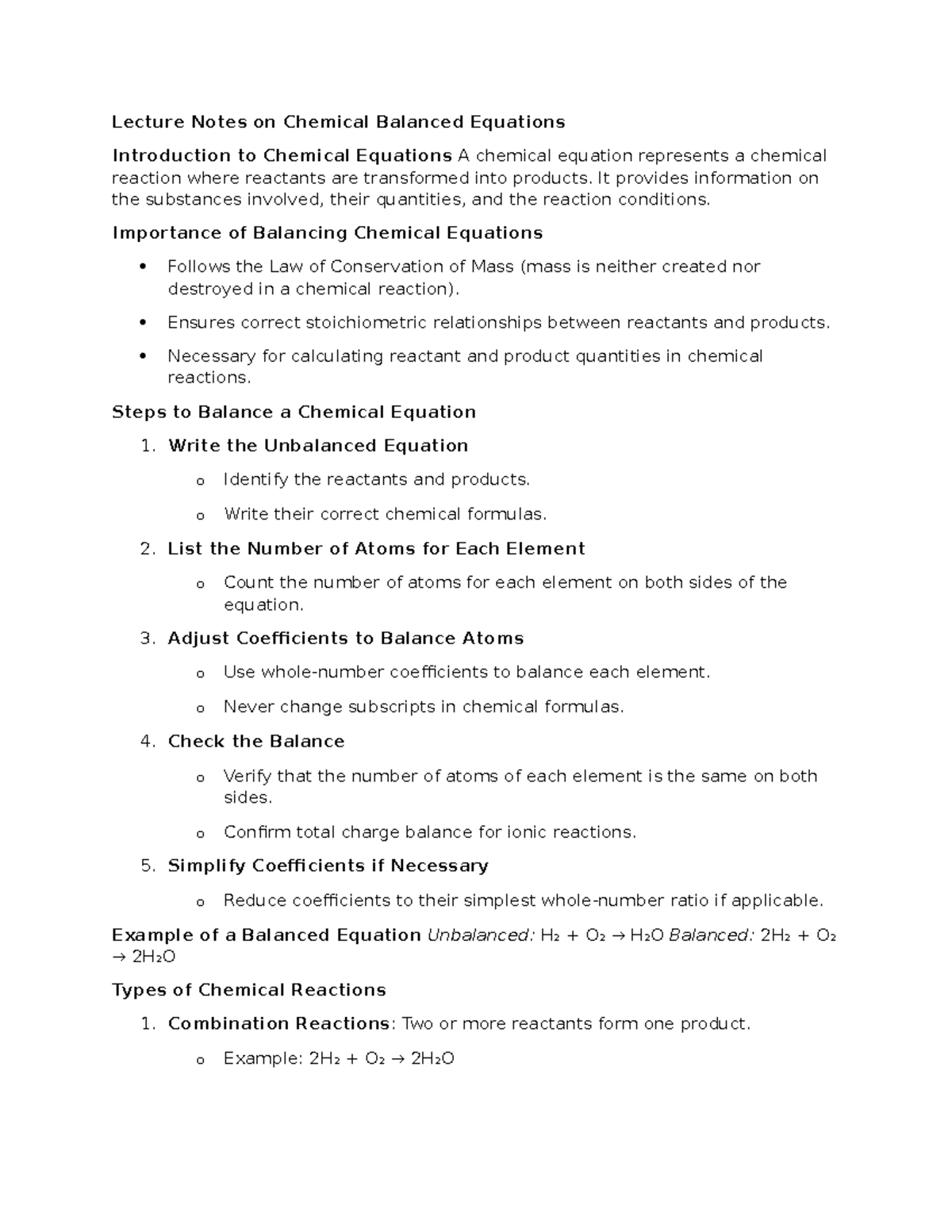 Lecture notes on balanced equations - Lecture Notes on Chemical ...