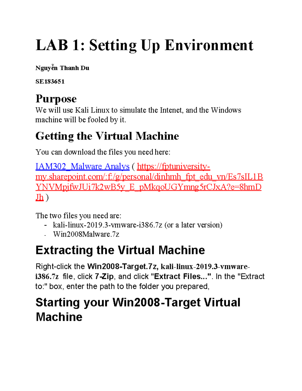 LAB 1: Setting Up Kali Linux Environment for Malware Analysis SE183651 ...