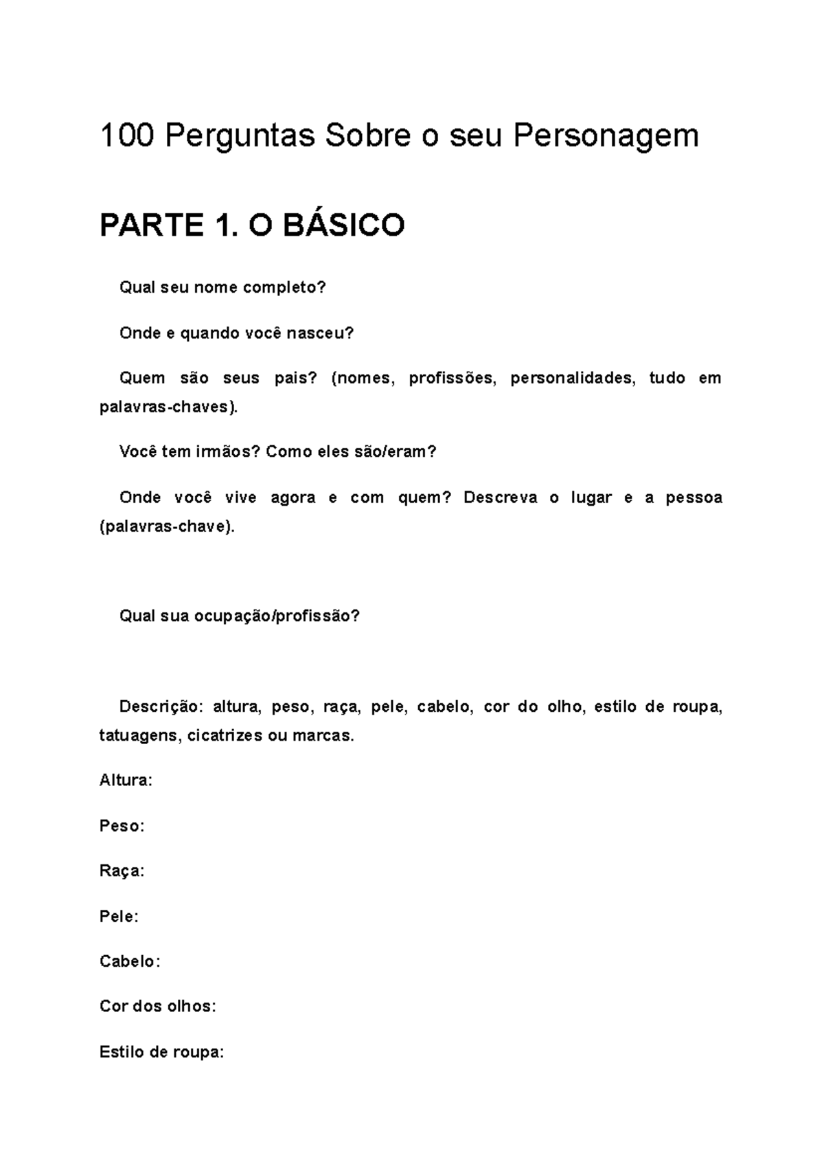 100 Perguntas para Desenvolvimento de Personagens em RPG - Studocu