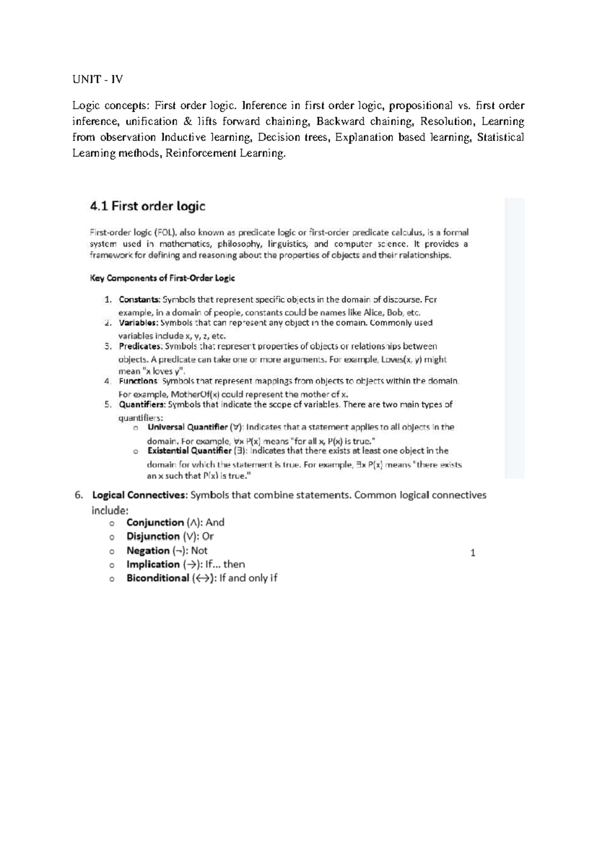 Unit 4(AI) - notes - Artificial Intellience - UNIT - IV Logic concepts ...