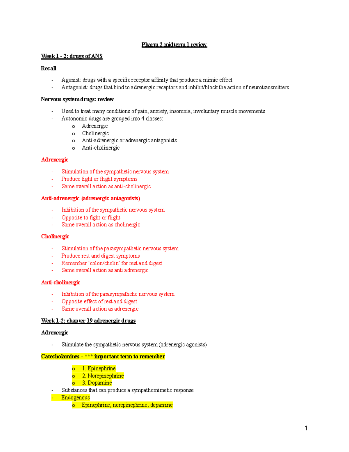 Pharm 2 Midterm 1 Review: Focus on ANS Drugs & Mechanisms - Studocu