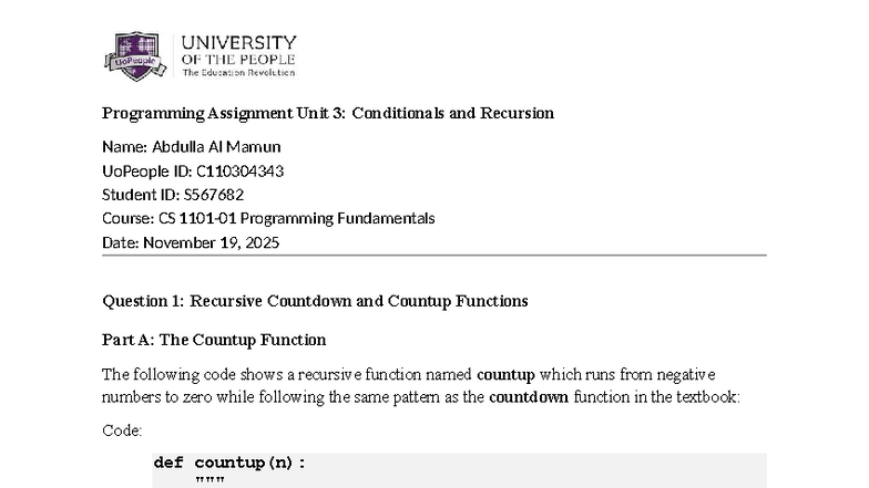 Programming Assignment Unit 3: Conditionals & Recursion - Studocu