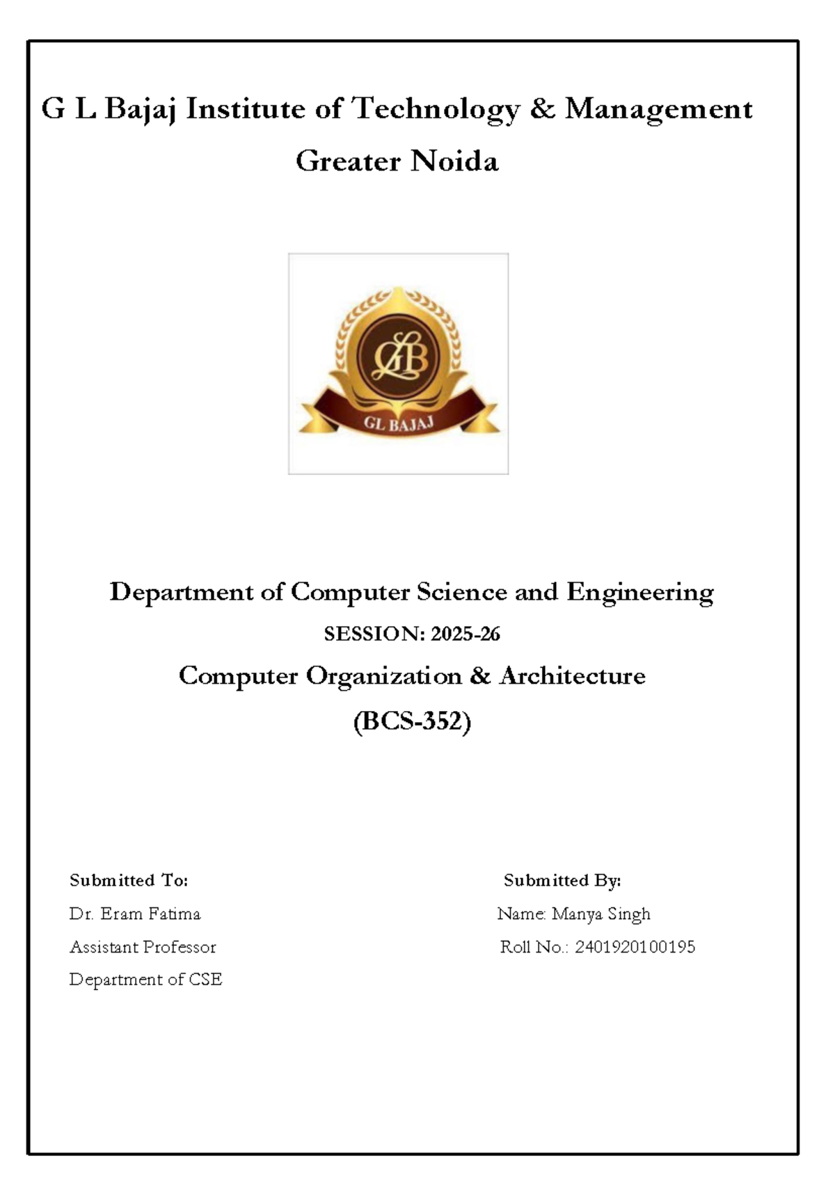 front page coa file - b.tech - G L Bajaj Institute of Technology ...