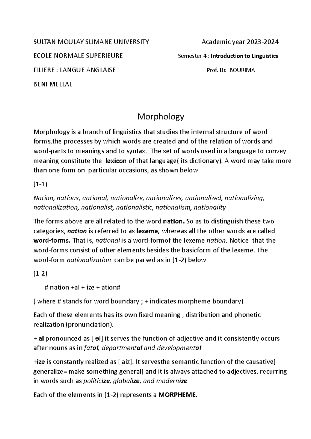 Lecture on Morphology: A Study Guide for ENS S4 Students - Studocu