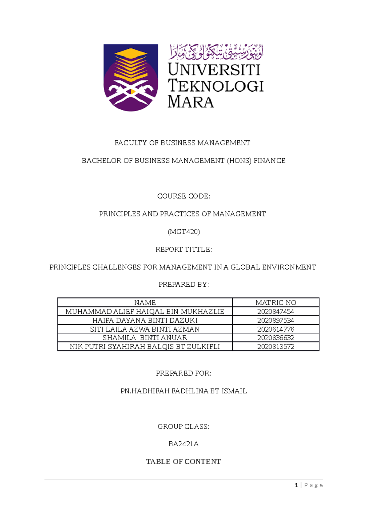 Group Assignment Principle OF Challenges Management IN Global ...