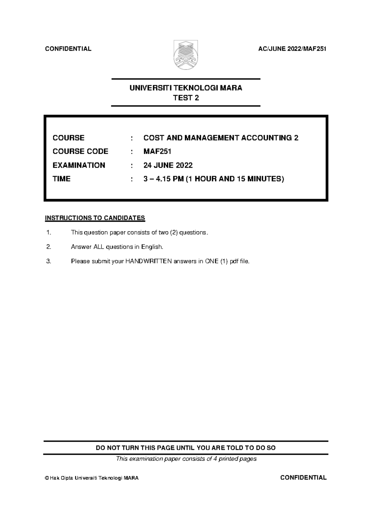 MAF251-Test 2: Cost & Management Accounting Exam Paper - Studocu