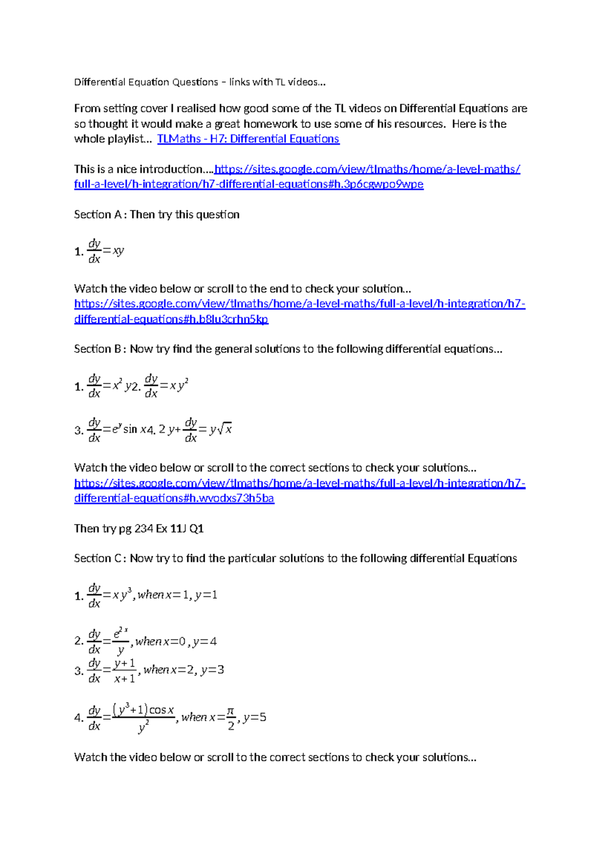 Differential Equations Homework with TL Videos - H7 Resources - Studocu