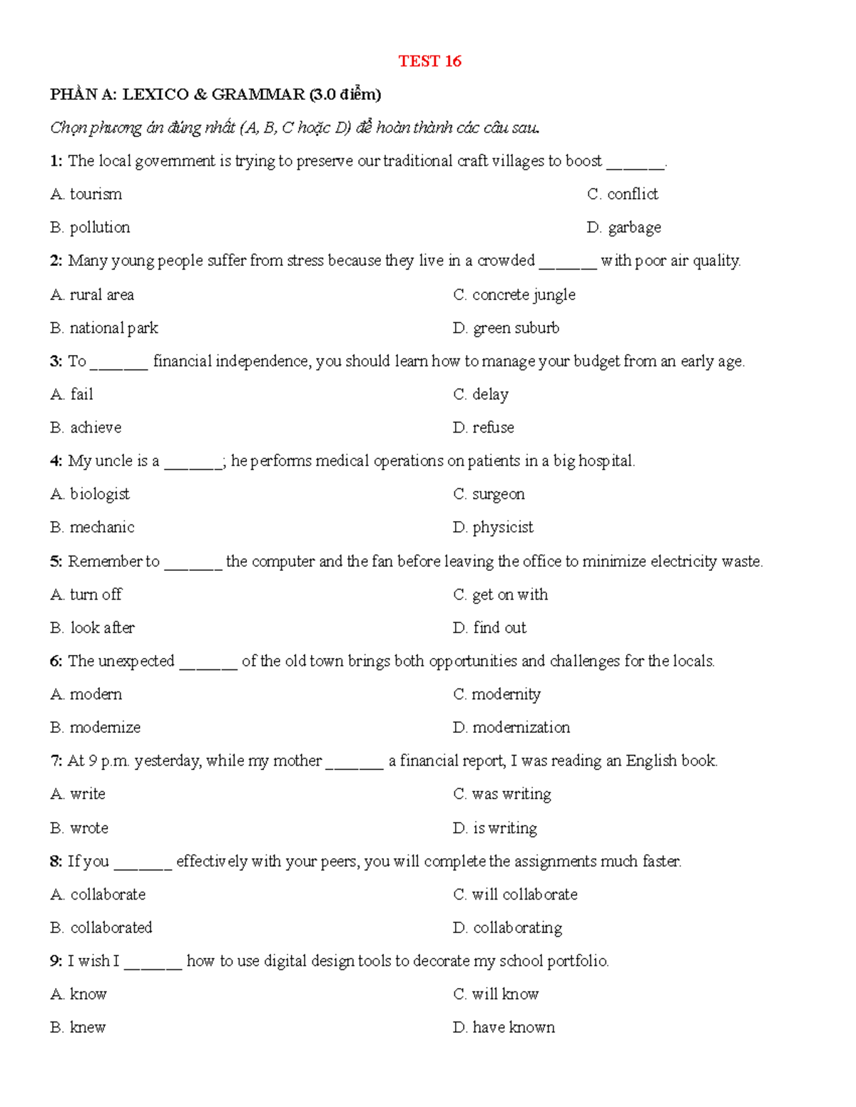 TEST 16: Lexico & Grammar, Reading, and Writing Exercises - Studocu