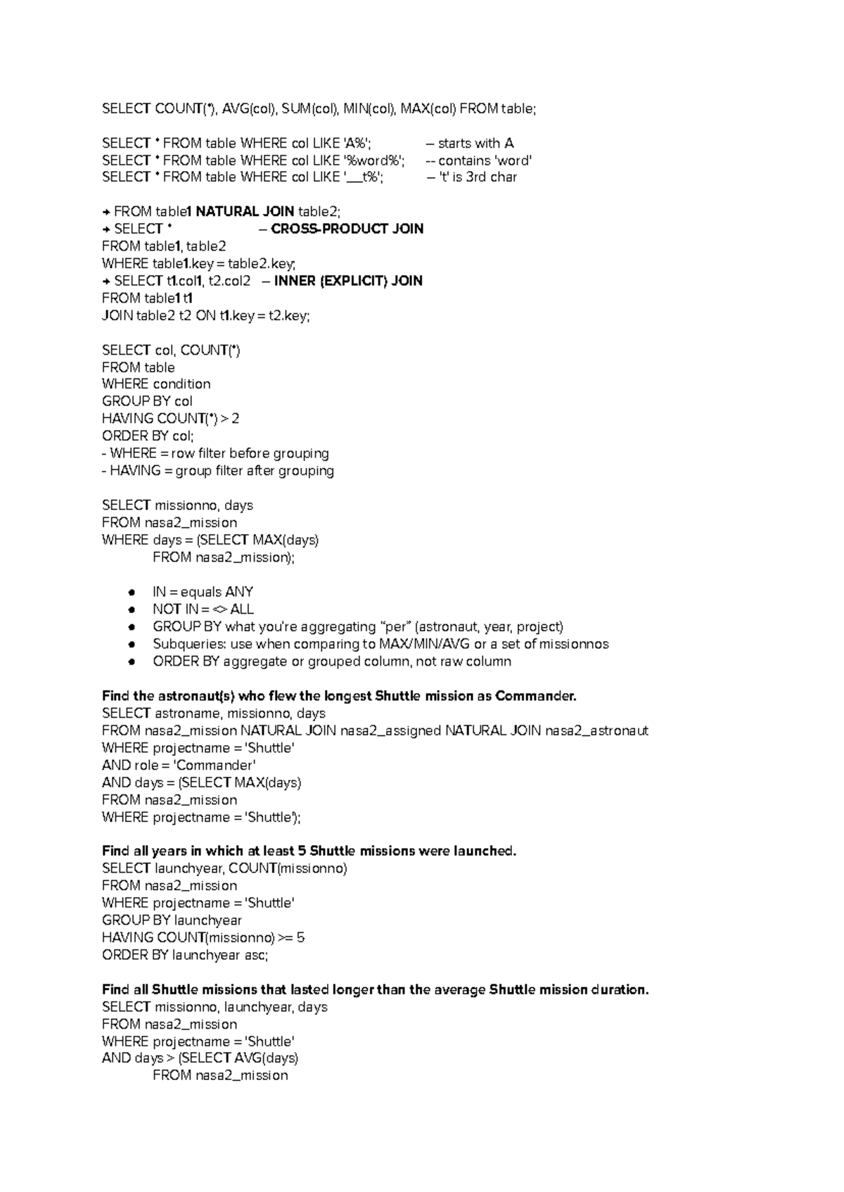 SQL Test 2 Reference Paper: Aggregate Functions & Subqueries - Studocu